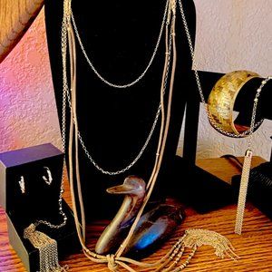 Vintage Gold Tone and Leather Lariat Type Layered Blended Set